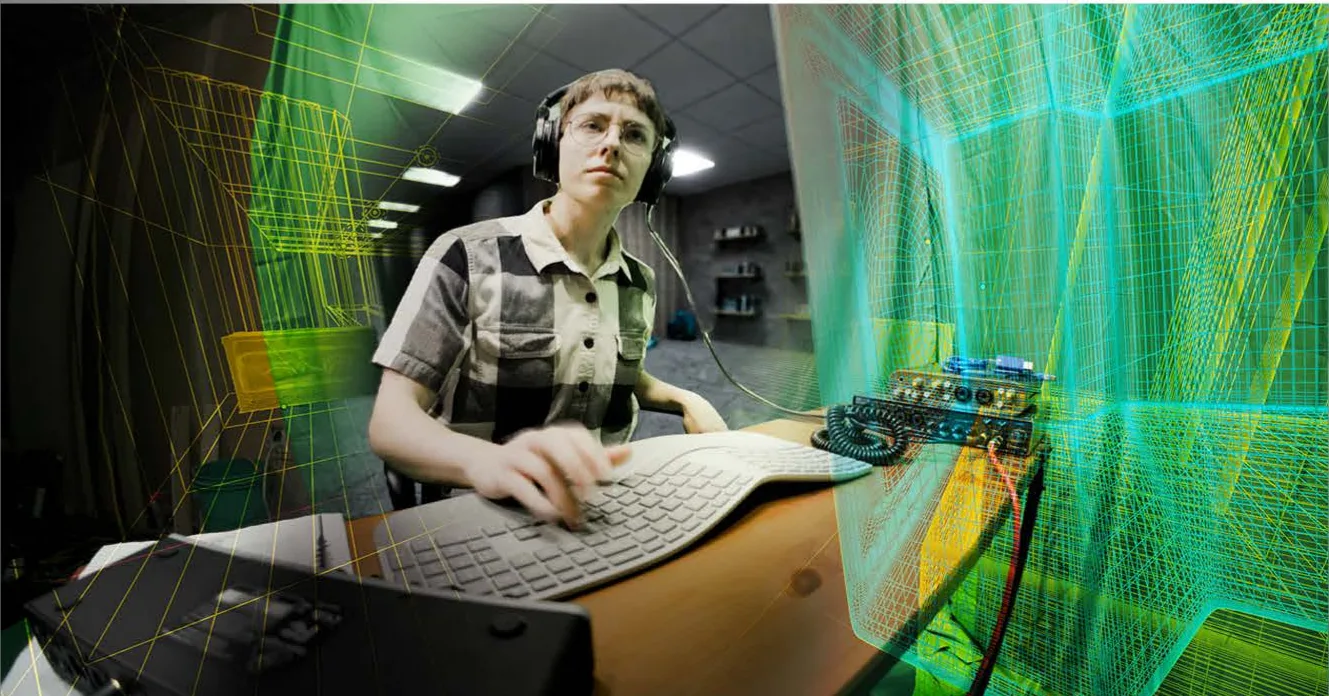 A musician at a desk wrapped in glowing green wireframe light.