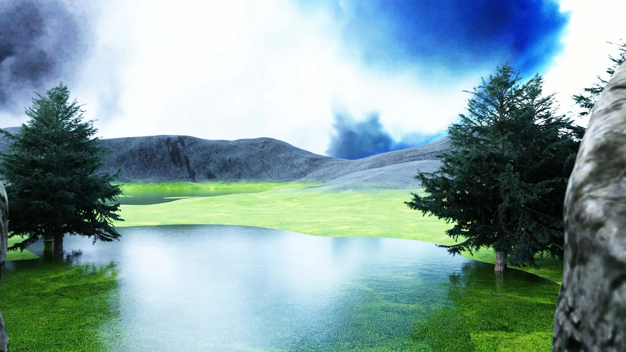 A rendered alpine lake ringed by fir trees under a watercolor sky.