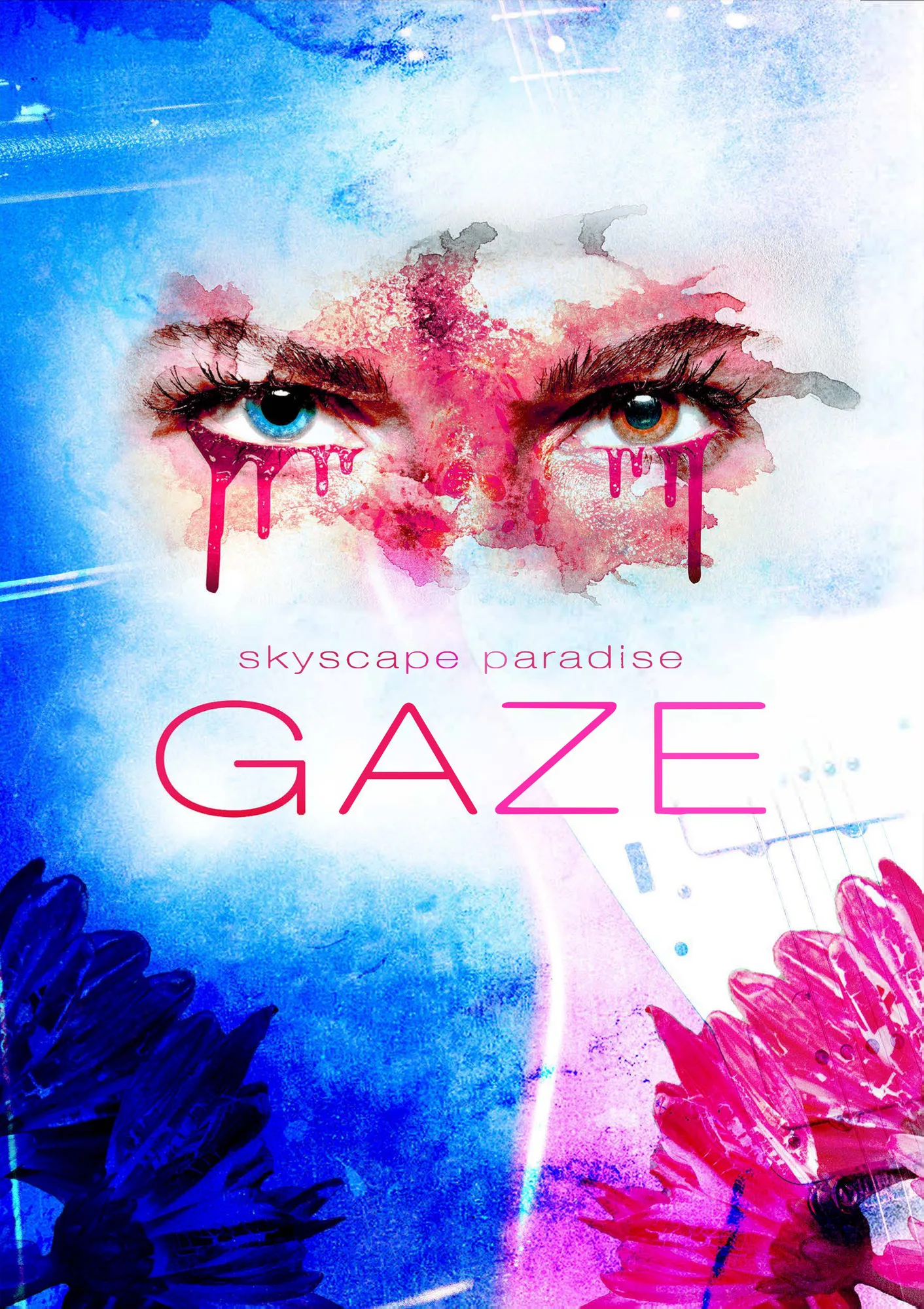 GAZE cover art: watercolor eyes weeping pink, over blue sky and magenta flowers.