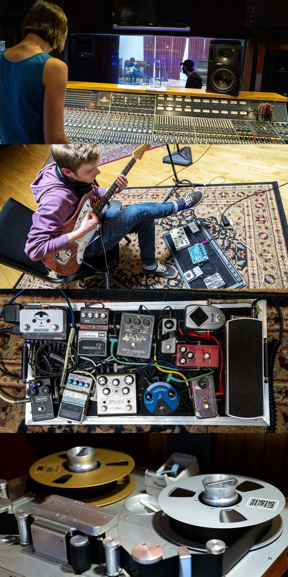 Recording at London Bridge Studios: the mixing console, a guitarist, a pedalboard and a tape machine.