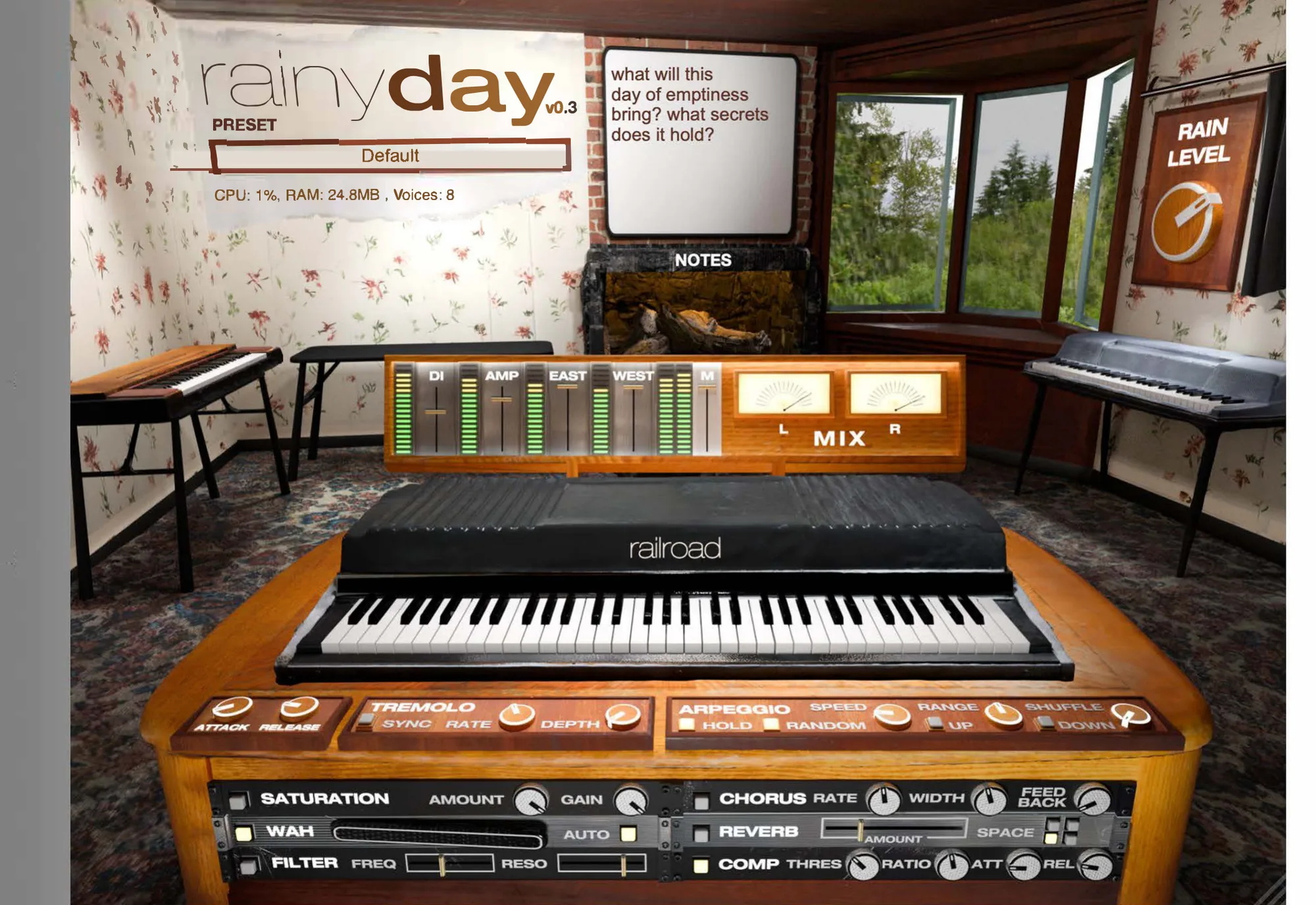 The rainyday interface: a photoscanned living room with a Rhodes, Wurlitzer and Clavinet, an effects rack built from a coffee table, and rain falling outside the window.