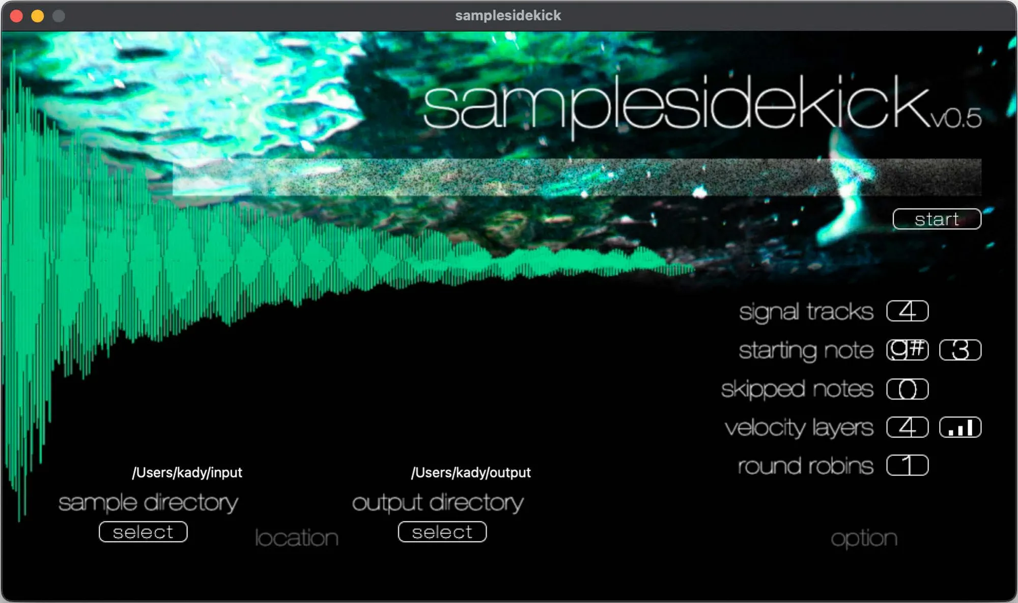 The samplesidekick window: a green waveform over liquid imagery, with fields for signal tracks, starting note, velocity layers and round robins.